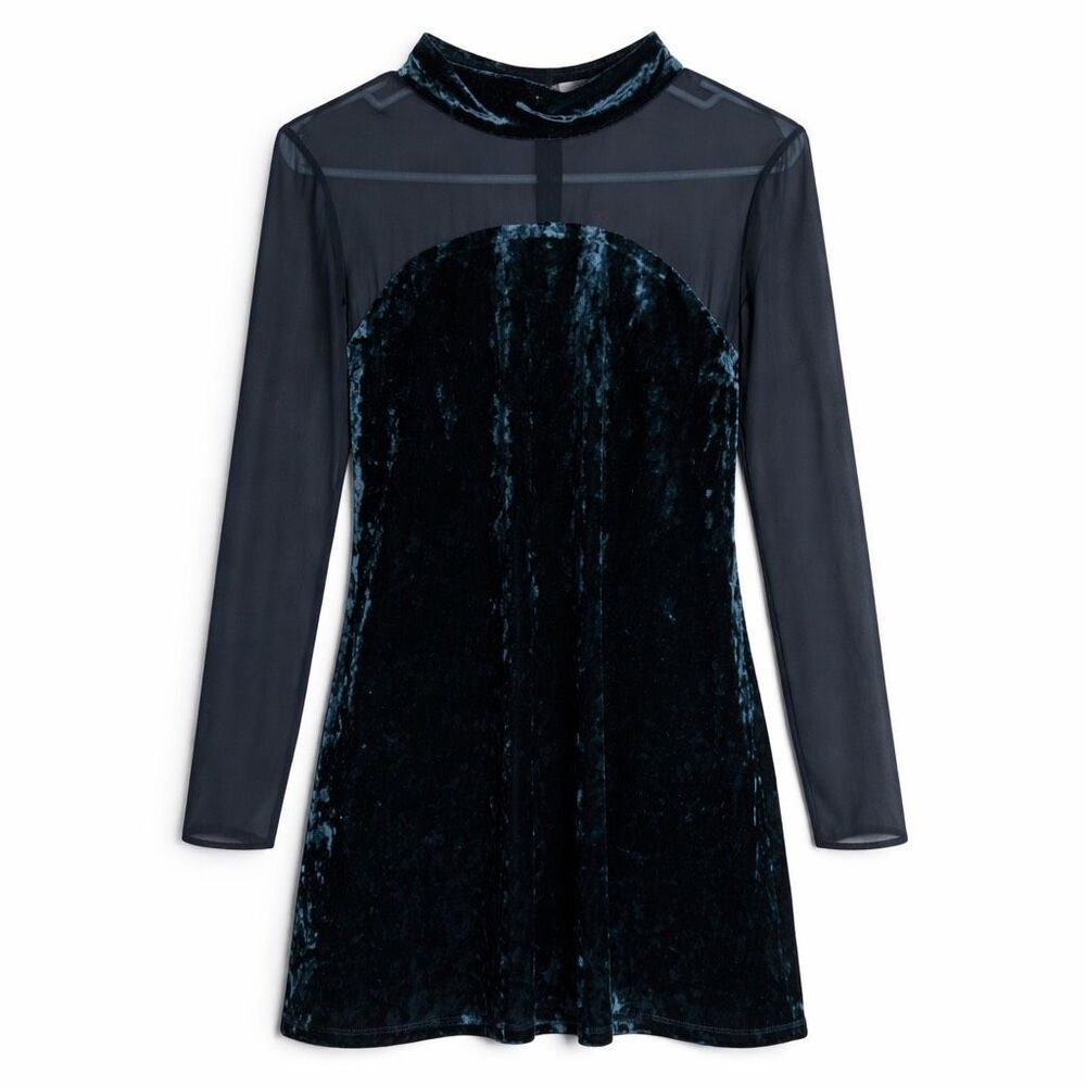 BCBG Generation Velvet Mini Dress Sheer Mesh Black Women M Modern Luxe Romantic
